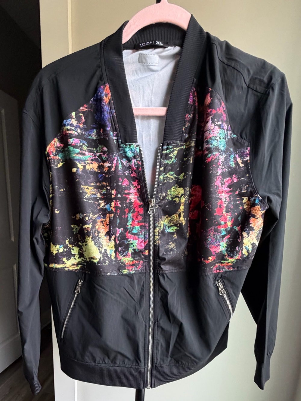 Titika Active Couture Bomber Jacket with Multicolor Paint-Splash Detail